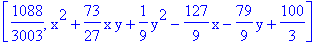 [1088/3003, x^2+73/27*x*y+1/9*y^2-127/9*x-79/9*y+100/3]